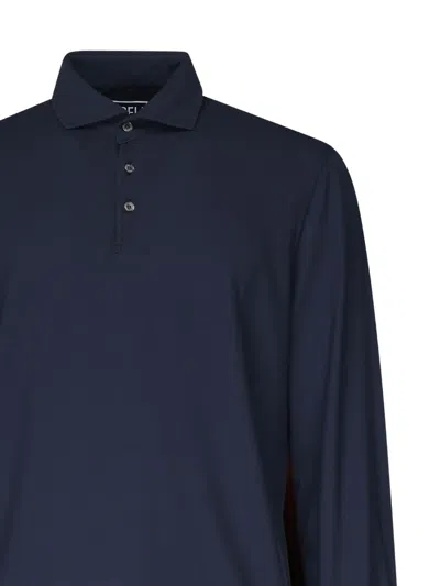 Fedeli Long Sleeve Polo In Organic Cotton In Blue