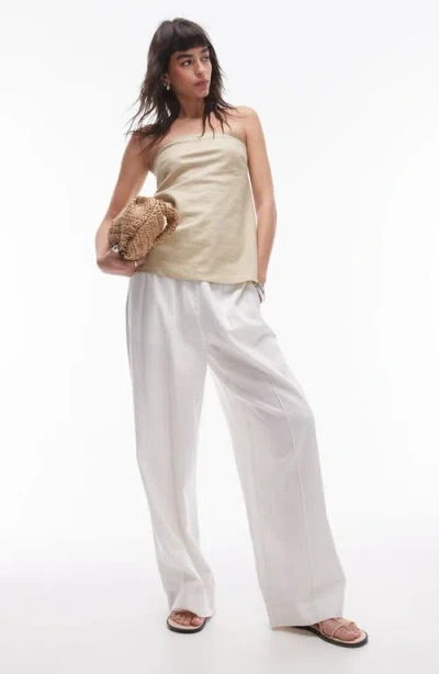 Topshop Linen Look Longline Bandeau Top In Sand-neutral