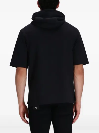 Emporio Armani Ribbed Short Sleeve Hoodie In Black