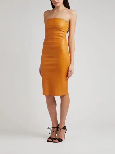Stouls Monica 25 Strapless Leather Midi Dress In Yellow