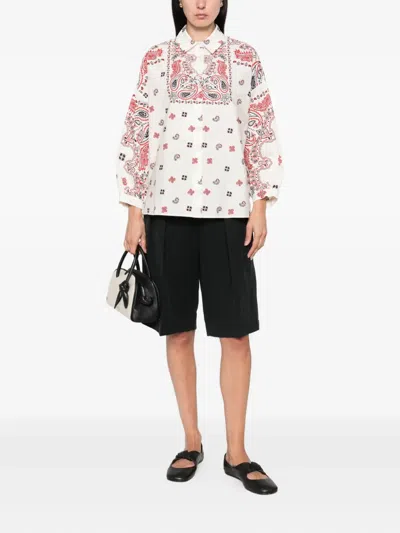 Weekend Max Mara Long Sleeve Paisley Print Cotton Top In White