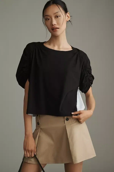Maeve Woven & Knit Ruched-sleeve Twofer Top In Black