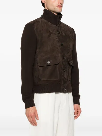Tom Ford Mens Deep Brown Funnel-neck Ribbed-sleeve Suede And Wool Jacket In Brown