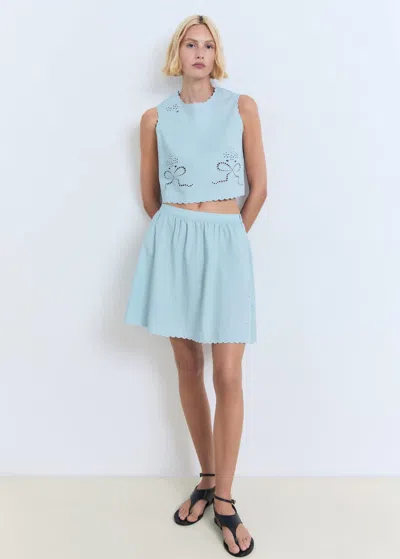 Mango Embroidered Skirt With Scalloped Hem Sky Blue