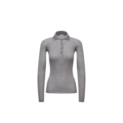 Moncler Wool Long Sleeve Polo Shirt, Women, Gray, Size: S