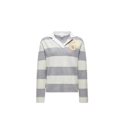 Moncler Striped Wool And Cotton-blend Polo Shirt In Gray