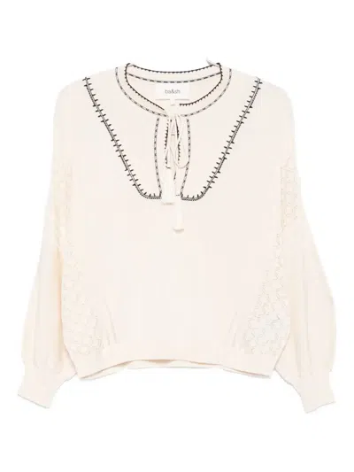 Ba&sh Bausca Embroidered Tassel-neck Top In Neutral