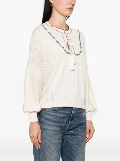 Ba&sh Bausca Embroidered Tassel-neck Top In Neutral
