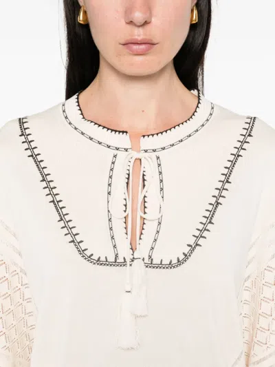 Ba&sh Bausca Embroidered Tassel-neck Top In Neutral