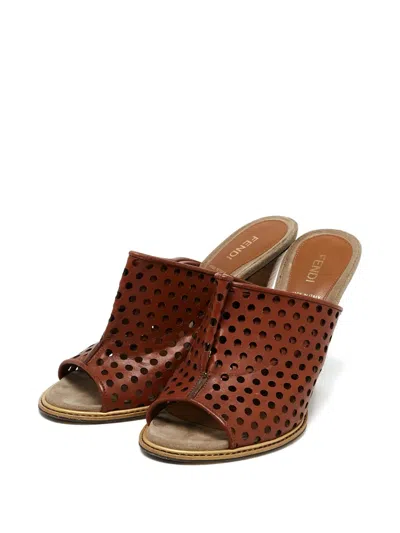Pre-owned Fendi 2023 100mm Perforated Mules In Brown