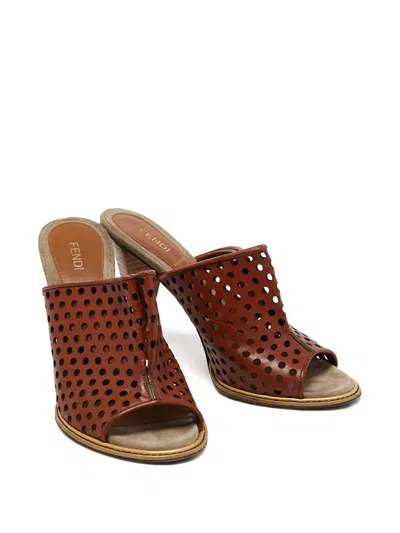 Pre-owned Fendi 2023 100mm Perforated Mules In Brown