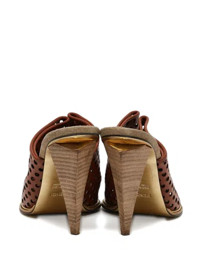 Pre-owned Fendi 2023 100mm Perforated Mules In Brown