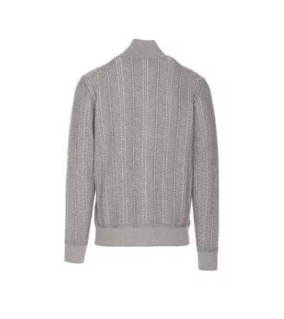 Brunello Cucinelli Chevron Knit High Neck Zipped Cardigan In Gray