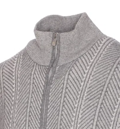 Brunello Cucinelli Chevron Knit High Neck Zipped Cardigan In Gray