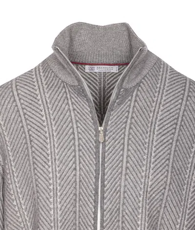 Brunello Cucinelli Chevron Knit High Neck Zipped Cardigan In Gray