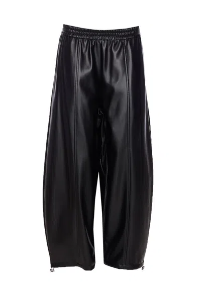 Pinko Wide Leg Faux Leather Trousers With Drawstring Hem In Black