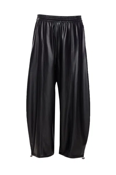 Pinko Wide Leg Faux Leather Trousers With Drawstring Hem In Black
