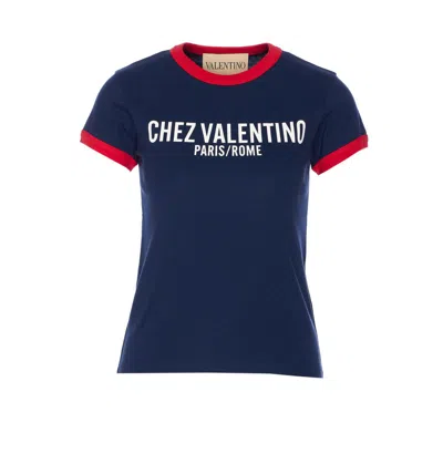 Valentino Crew Neck Cotton T-shirt With Contrast Trim In Blue