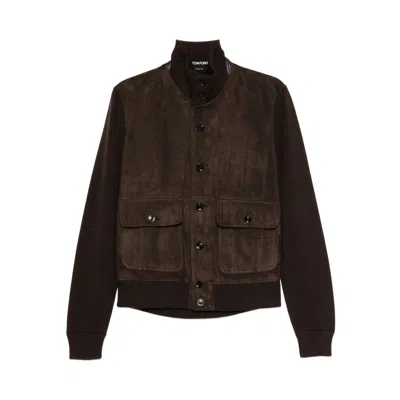 Tom Ford Mens Deep Brown Funnel-neck Ribbed-sleeve Suede And Wool Jacket In Brown