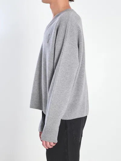 Ami Alexandre Mattiussi Ami V-neck Ribbed Sweater With Embroidered Logo In Gray