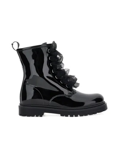Monnalisa Ruffled Patent-leather Combat Boots In Black