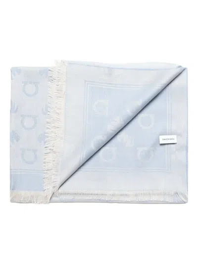 Ferragamo Logo-pattern Fringed Scarf In Blue