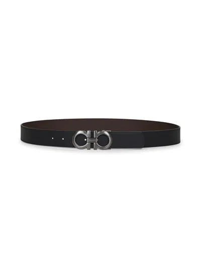 Ferragamo Men Black Leather Gancini Reversible Belt