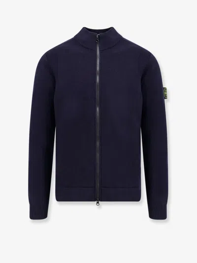 Stone Island Blue Cardigan With High Neck And Logo Patch On The Sleeve In Cotton Man In Blue