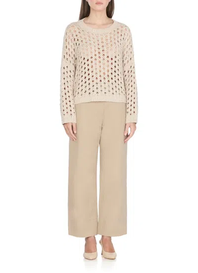 Antonelli Campanellino Beige Crewneck Knit Sweater In Cotton Blend Woman