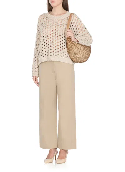 Antonelli Campanellino Beige Crewneck Knit Sweater In Cotton Blend Woman
