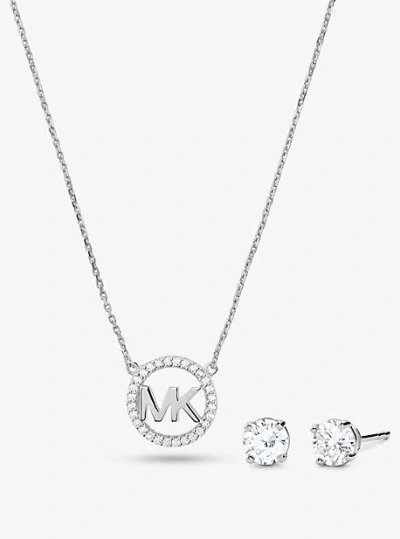 Michael Kors 14k Rose Gold-plated Sterling Silver Pavé Logo Charm Necklace And Stud Earrings Set
