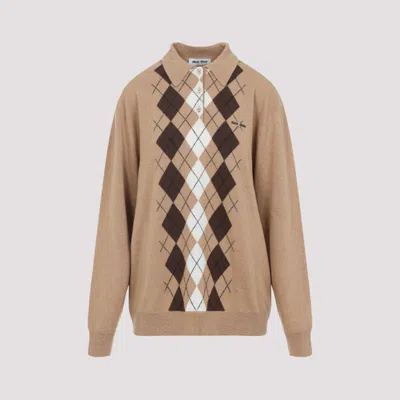 Miu Miu Argyle Pattern Cashmere Polo Pullover In Neutral