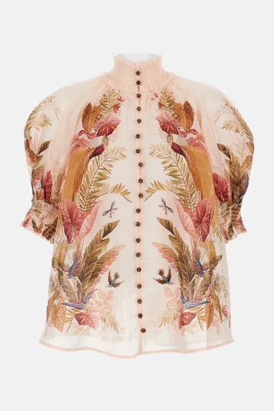 Zimmermann Ascension Embellished Shirred Floral-print Ramie Blouse