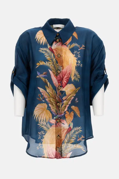 Zimmermann Womens Dark Blue Palm Floral Ascension Relaxed-fit Silk Shirt Xs