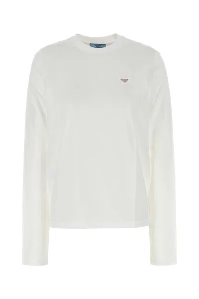 Prada Cotton Crew Neck T-shirt Long Sleeves In White
