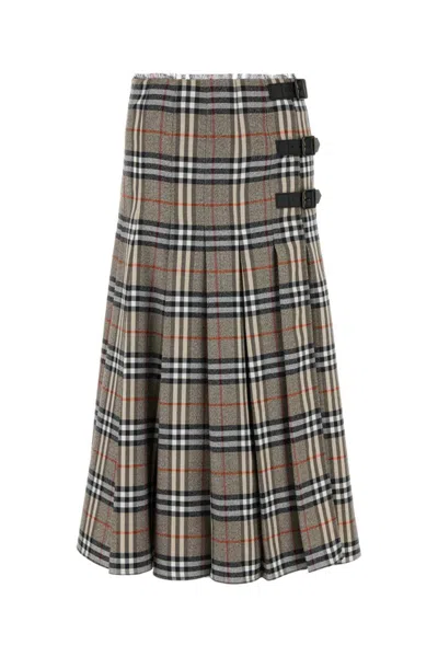 Burberry Beige Midi Skirt With Side Buckle Closure And All-over Check Motif In Wool Woman