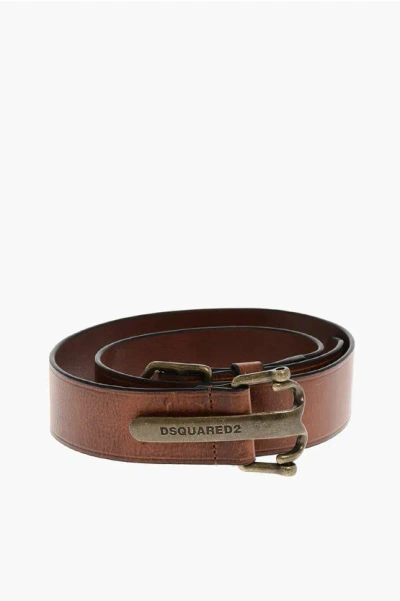 Dsquared2 Leather Vintage Belt With Brass Buckle 40mm In Brown