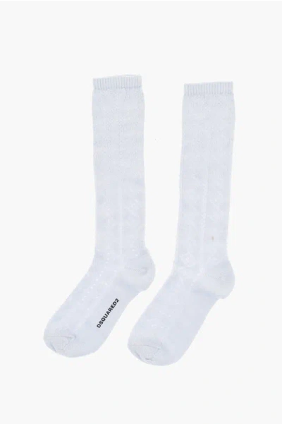 Dsquared2 Perforated Wool Blend Long Socks In White