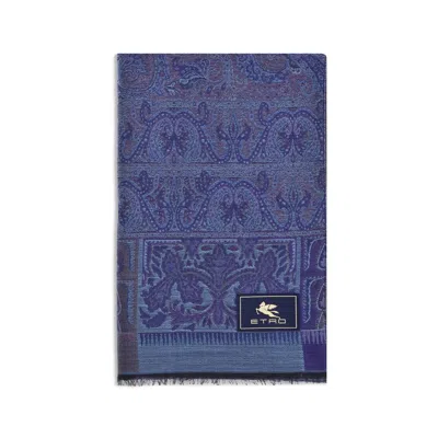 Etro Men Jacquard Wool And Silk Scarf In Blue