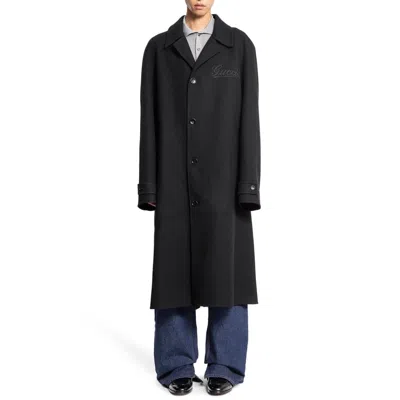 Gucci Black Single-breasted Coat With Wide Notched Revers And Belt In Wool Man