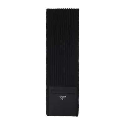 Prada Textured Knit Black Wool-cashmere Scarf With Logo Pocket