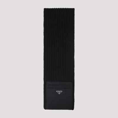 Prada Textured Knit Black Wool-cashmere Scarf With Logo Pocket