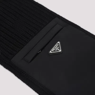 Prada Textured Knit Black Wool-cashmere Scarf With Logo Pocket