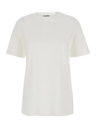 Jil Sander Crew Neck Short Sleeves T-shirt With Embossed Logo On Leather Patch Stitched On The Back In White