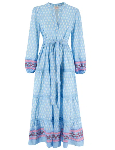 Mc2 Saint Barth Tiered Long Dress With Wide Neckline In Blue