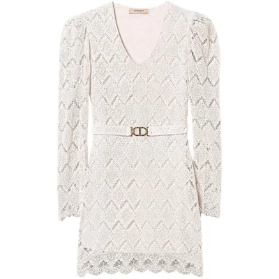 Twinset Twin-set Beige Lace Mini Dress With Scalloped Hem