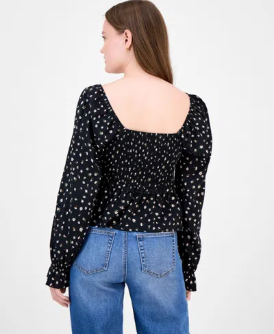 Celebrity Pink Juniors' Ditsy-print Ruffle-trim Babydoll Top In Black