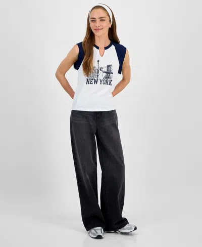 Rebellious One Juniors' Nyc Raglan-sleeve Graphic T-shirt