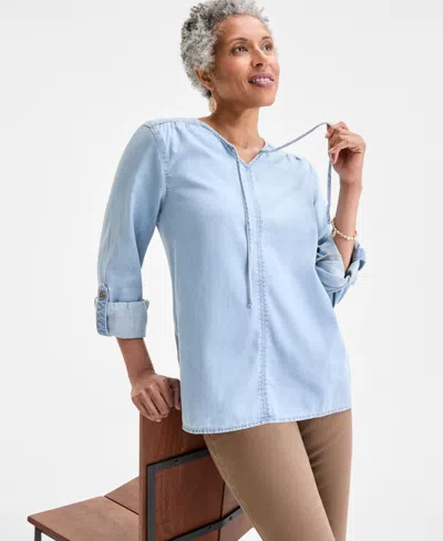 Style & Co Women's Cotton Denim Split-neck Popover Top, Exclusively At Macy's In Blue
