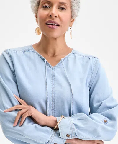 Style & Co Women's Cotton Denim Split-neck Popover Top, Exclusively At Macy's In Blue